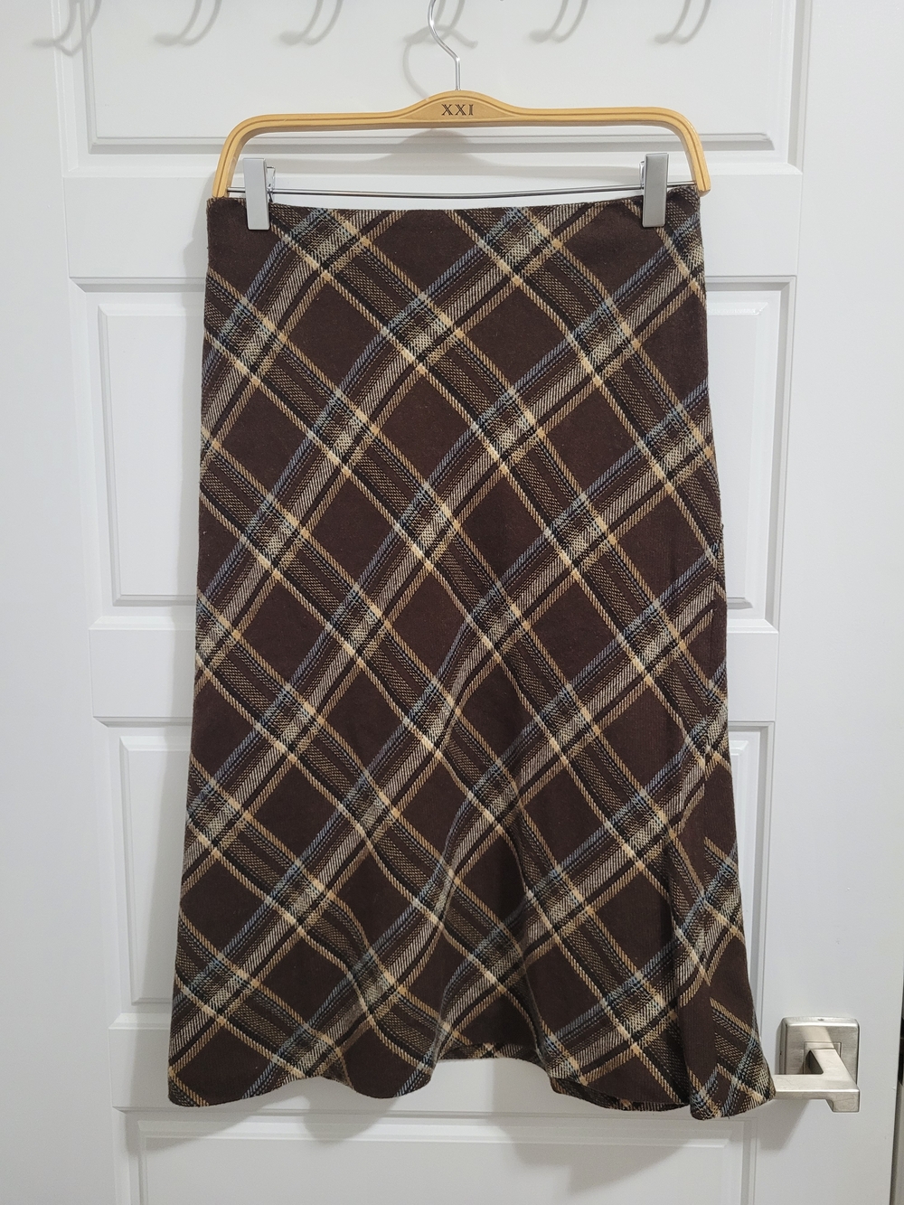 Zara Brown Plaid Midi Skirt with Cream & Blue Lines